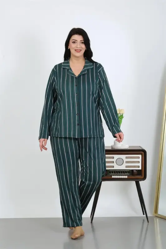 Akbeniz Kadın Büyük Beden Pamuklu Cepli Düğmeli Petrol Pijama Takım 202504 - 3