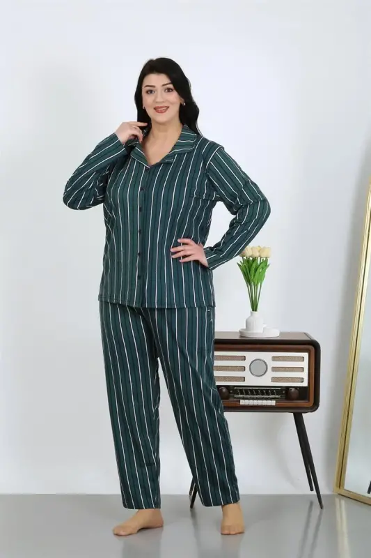 Akbeniz Kadın Büyük Beden Pamuklu Cepli Düğmeli Petrol Pijama Takım 202504 - 4