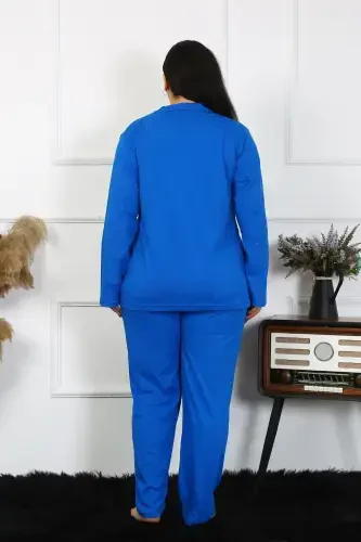 Akbeniz Kadın Büyük Beden Pamuklu Cepli Düğmeli Saks Pijama Takım 202401 - 6