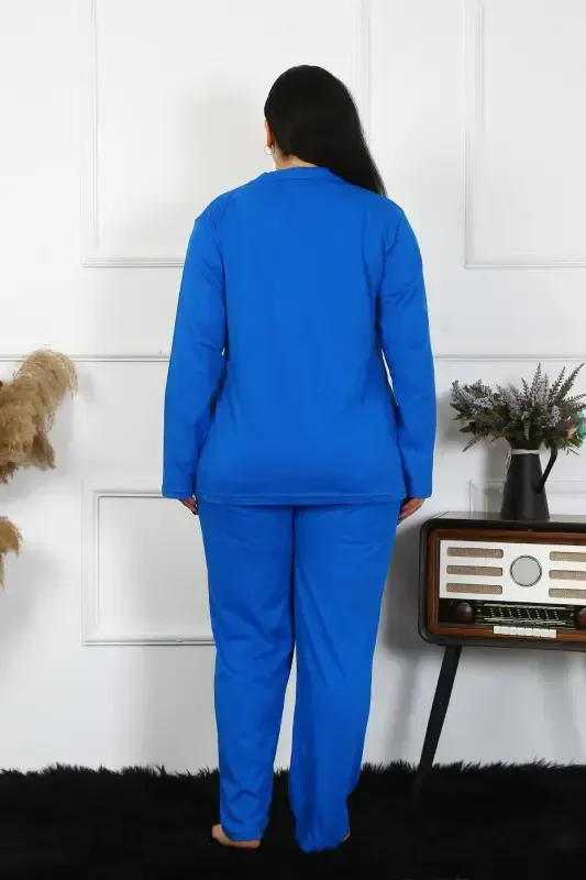 Akbeniz Kadın Büyük Beden Pamuklu Cepli Düğmeli Saks Pijama Takım 202401 - 6