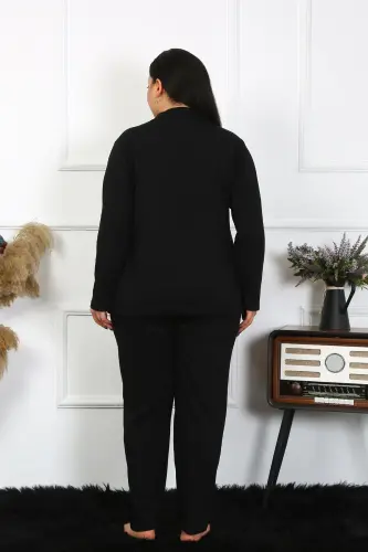 Akbeniz Kadın Büyük Beden Pamuklu Cepli Düğmeli Siyah Pijama Takım 202401 - AKBENIZ (1)