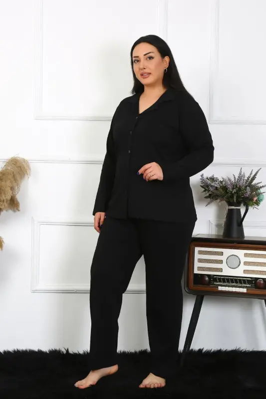 Akbeniz Kadın Büyük Beden Pamuklu Cepli Düğmeli Siyah Pijama Takım 202401 - 3