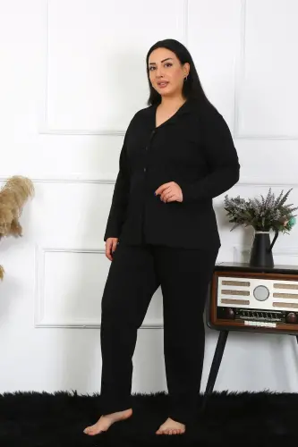 Akbeniz Kadın Büyük Beden Pamuklu Cepli Düğmeli Siyah Pijama Takım 202401 - 3