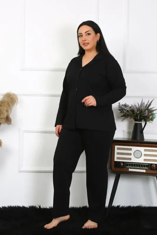 Akbeniz Kadın Büyük Beden Pamuklu Cepli Düğmeli Siyah Pijama Takım 202401 - 3