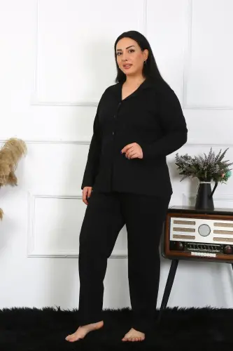Akbeniz Kadın Büyük Beden Pamuklu Cepli Düğmeli Siyah Pijama Takım 202401 - 3