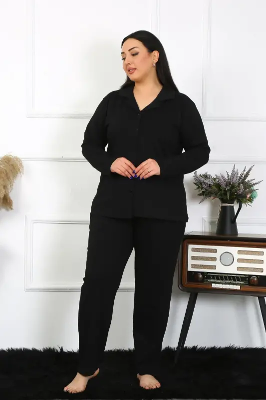 Akbeniz Kadın Büyük Beden Pamuklu Cepli Düğmeli Siyah Pijama Takım 202401 - 4