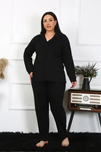 Akbeniz Kadın Büyük Beden Pamuklu Cepli Düğmeli Siyah Pijama Takım 202401 - 5