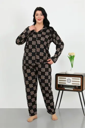 Akbeniz Kadın Büyük Beden Pamuklu Cepli Düğmeli Siyah Pijama Takım 202506 - 3