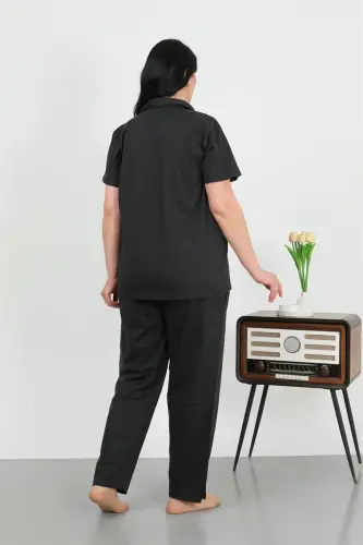Akbeniz Kadın Büyük Beden Pamuklu Cepli Düğmeli Siyah Pijama Takım 202507 - 4