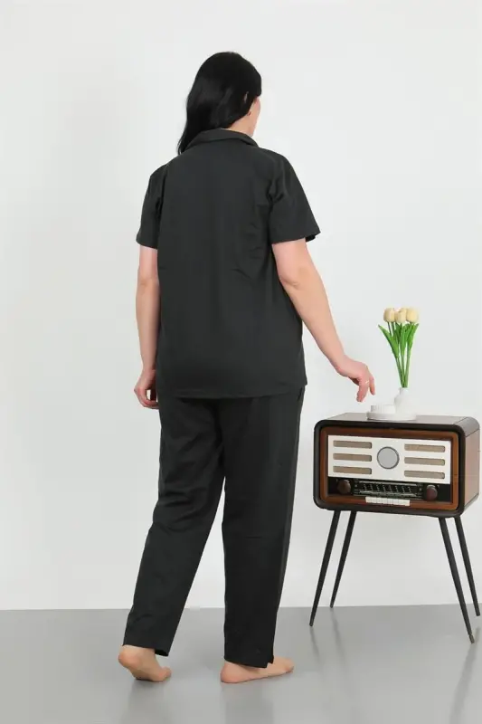 Akbeniz Kadın Büyük Beden Pamuklu Cepli Düğmeli Siyah Pijama Takım 202507 - 4
