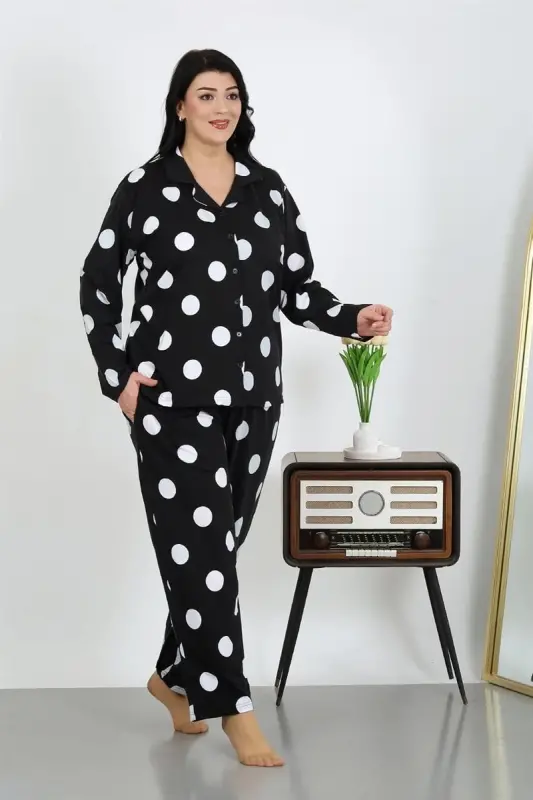 Akbeniz Kadın Büyük Beden Pamuklu Cepli Düğmeli Siyah Pijama Takım 202504 - 2