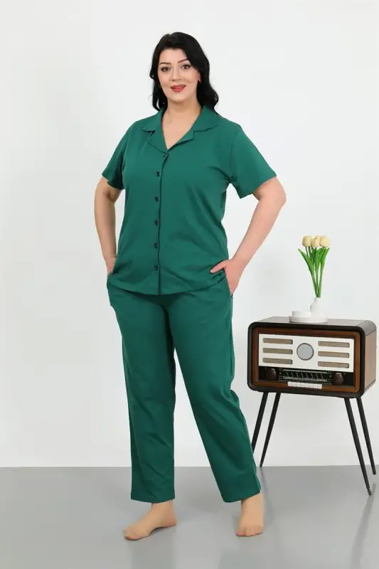 Akbeniz Kadın Büyük Beden Pamuklu Cepli Düğmeli ZümrütYeşili Pijama Takım 202507 - AKBENIZ