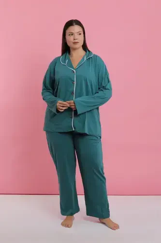 Akbeniz Kadın Büyük Beden Petrol Rengi Düğmeli Pijama Takımı - 4