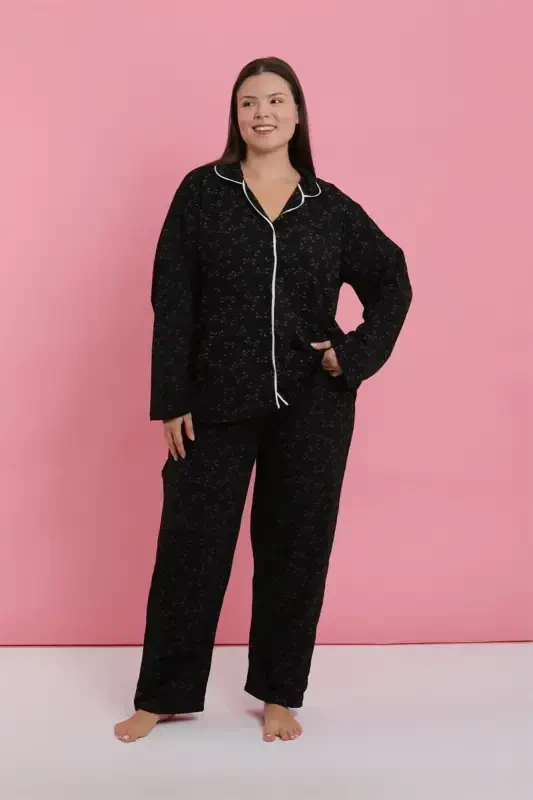 Akbeniz Kadın Büyük Beden Siyah Beyaz Biyeli Desenli Düğmeli Pijama Takımı - 2