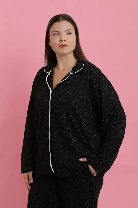 Akbeniz Kadın Büyük Beden Siyah Beyaz Biyeli Desenli Düğmeli Pijama Takımı - 5