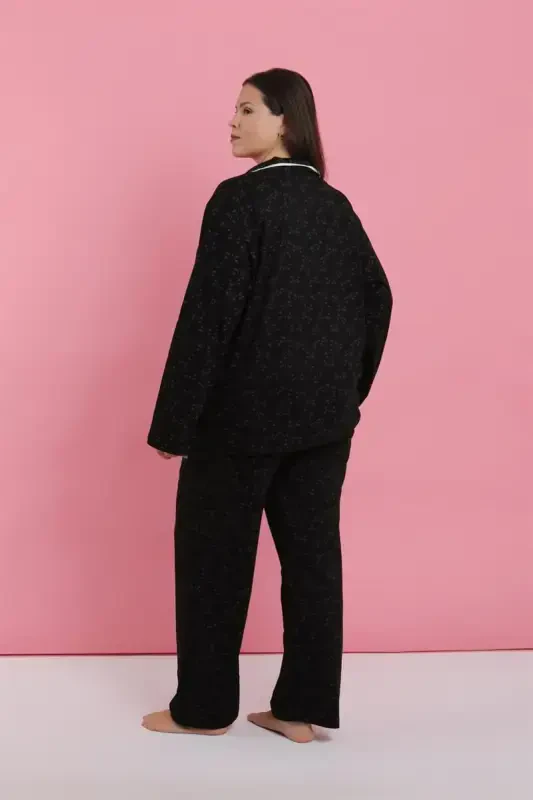 Akbeniz Kadın Büyük Beden Siyah Beyaz Biyeli Desenli Düğmeli Pijama Takımı - 6