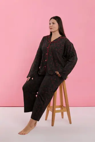 Akbeniz Kadın Büyük Beden Siyah Kırmızı Çiçekli Düğmeli Pijama Takımı - AKBENIZ (1)