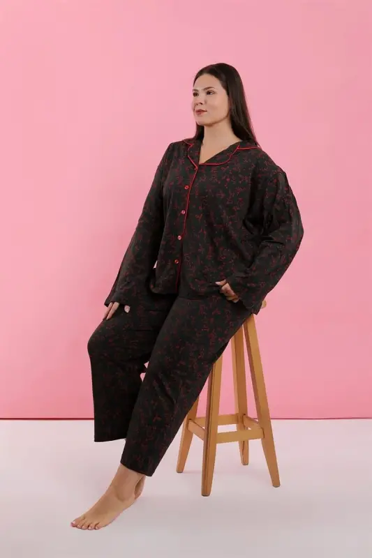 Akbeniz Kadın Büyük Beden Siyah Kırmızı Çiçekli Düğmeli Pijama Takımı - 2