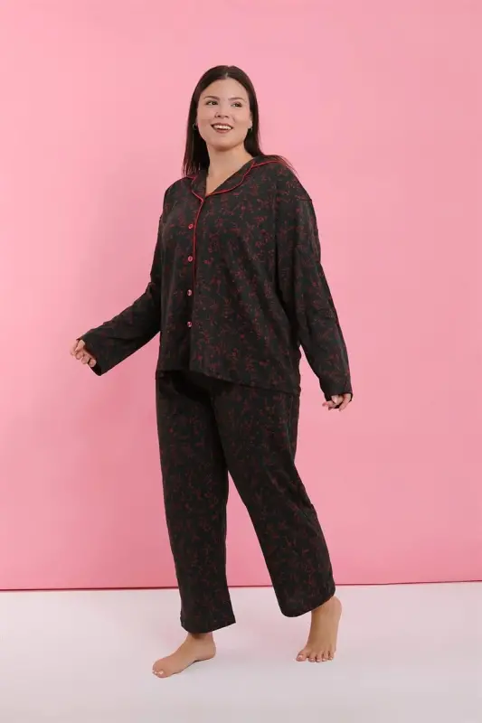 Akbeniz Kadın Büyük Beden Siyah Kırmızı Çiçekli Düğmeli Pijama Takımı - 3