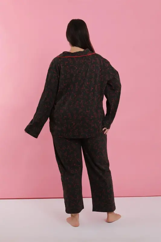 Akbeniz Kadın Büyük Beden Siyah Kırmızı Çiçekli Düğmeli Pijama Takımı - 4