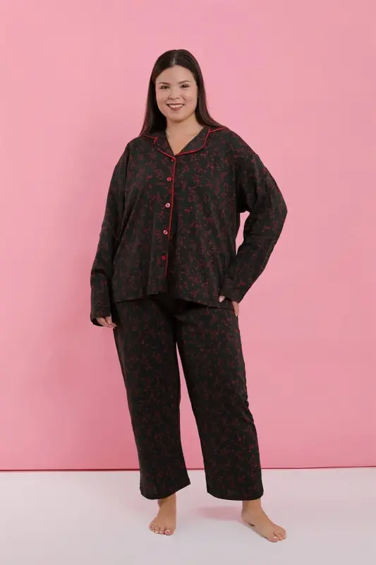 Akbeniz Kadın Büyük Beden Siyah Kırmızı Çiçekli Düğmeli Pijama Takımı - 5