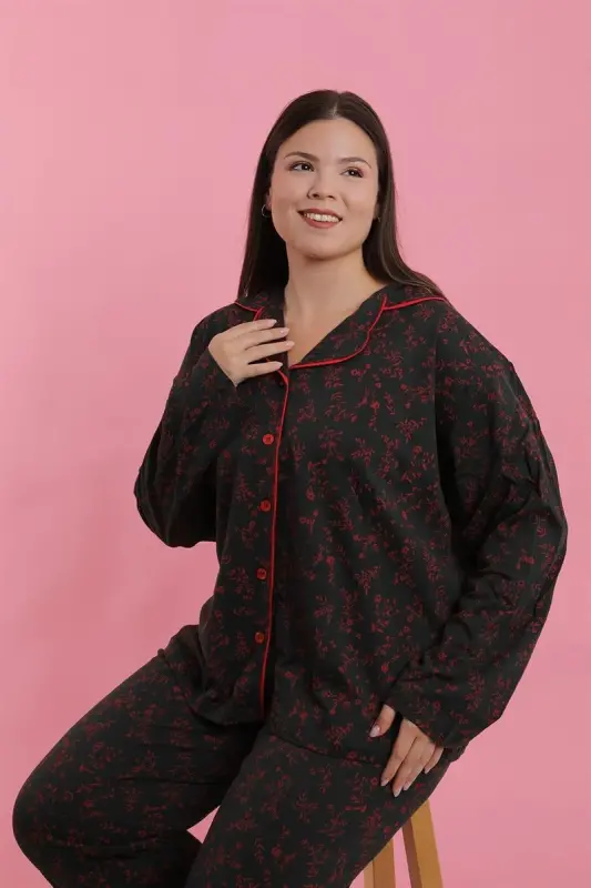 Akbeniz Kadın Büyük Beden Siyah Kırmızı Çiçekli Düğmeli Pijama Takımı - 7