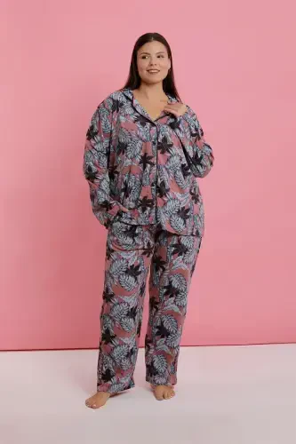 Akbeniz Kadın Büyük Beden Somon Yaprak Desenli Düğmeli Pijama Takımı - 1
