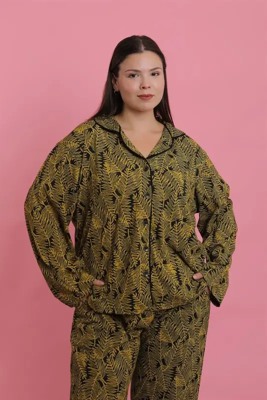 Akbeniz Kadın Büyük Beden Tropikal Yaprak Desenli Düğmeli Pijama Takımı - 1