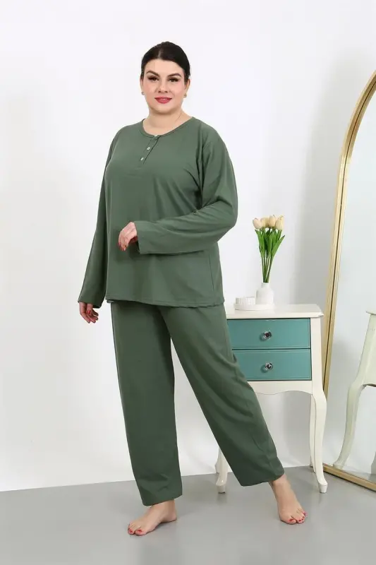Akbeniz Kadın Büyük Beden Uzun Kol Penye Pijama Takımı Haki 202501 - AKBENIZ