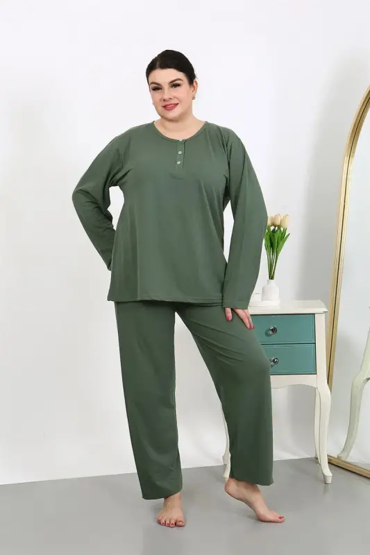 Akbeniz Kadın Büyük Beden Uzun Kol Penye Pijama Takımı Haki 202501 - 6