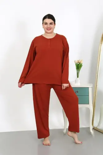 Akbeniz Kadın Büyük Beden Uzun Kol Penye Pijama Takımı Kiremit 202501 - AKBENIZ (1)