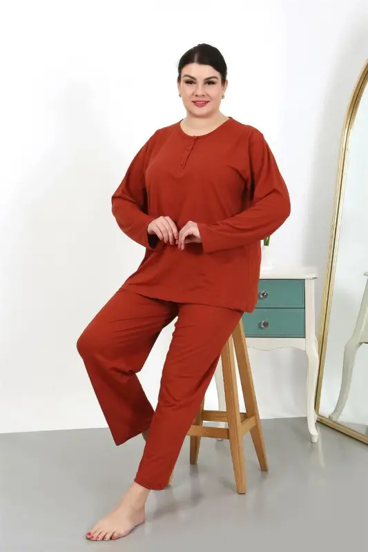 Akbeniz Kadın Büyük Beden Uzun Kol Penye Pijama Takımı Kiremit 202501 - AKBENIZ