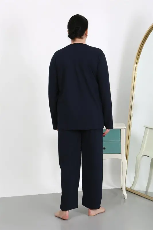 Akbeniz Kadın Büyük Beden Uzun Kol Penye Pijama Takımı Lacivert 202501 - 5