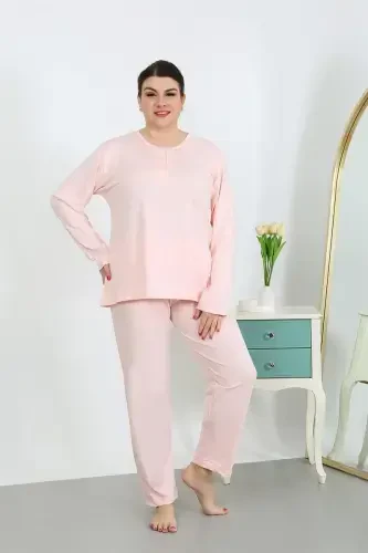Akbeniz Kadın Büyük Beden Uzun Kol Penye Pijama Takımı Pembe 202501 - AKBENIZ (1)