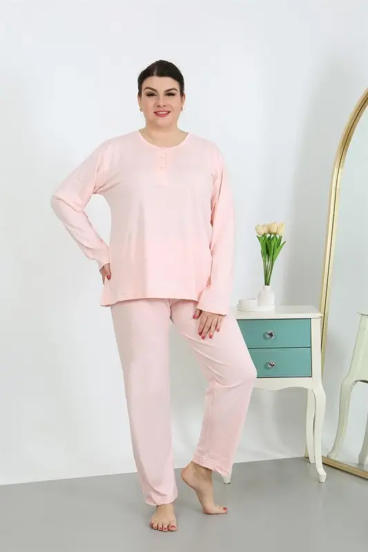 Akbeniz Kadın Büyük Beden Uzun Kol Penye Pijama Takımı Pembe 202501 - 1