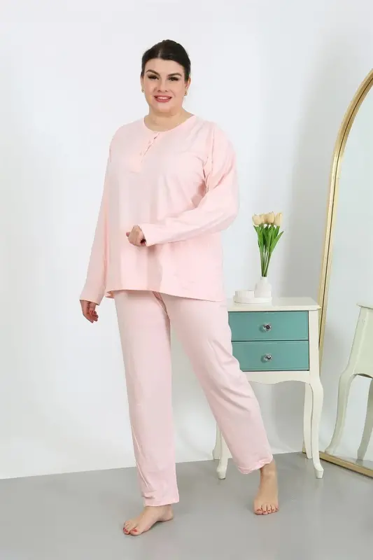 Akbeniz Kadın Büyük Beden Uzun Kol Penye Pijama Takımı Pembe 202501 - 2