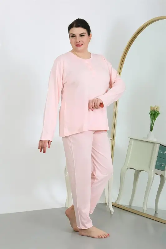 Akbeniz Kadın Büyük Beden Uzun Kol Penye Pijama Takımı Pembe 202501 - 7