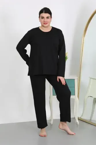 Akbeniz Kadın Büyük Beden Uzun Kol Penye Pijama Takımı Siyah 202501 - 4