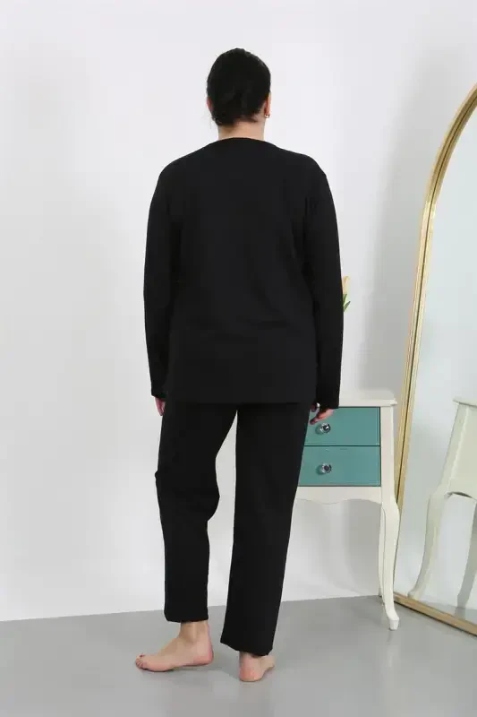 Akbeniz Kadın Büyük Beden Uzun Kol Penye Pijama Takımı Siyah 202501 - 5