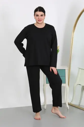 Akbeniz Kadın Büyük Beden Uzun Kol Penye Pijama Takımı Siyah 202501 - 4