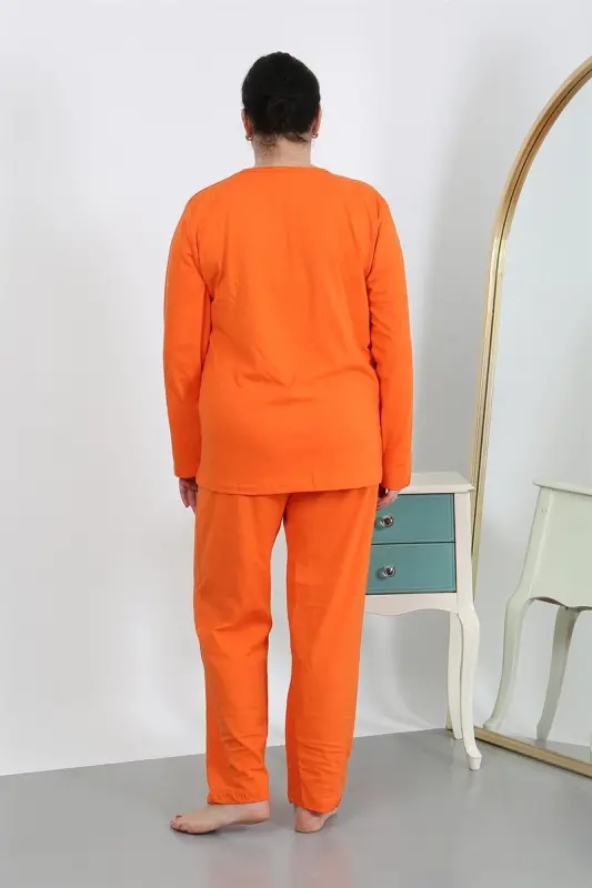 Akbeniz Kadın Büyük Beden Uzun Kol Penye Pijama Takımı Turuncu 202501 - 5