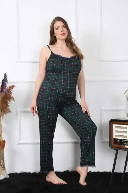Akbeniz Kadın Büyük Beden Yeşil Ekoseli İp Askılı Pijama Takım 202197 - 1