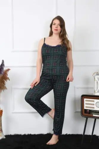 Akbeniz Kadın Büyük Beden Yeşil Ekoseli İp Askılı Pijama Takım 202197 - 3