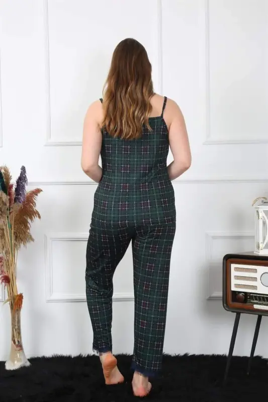 Akbeniz Kadın Büyük Beden Yeşil Ekoseli İp Askılı Pijama Takım 202197 - 4