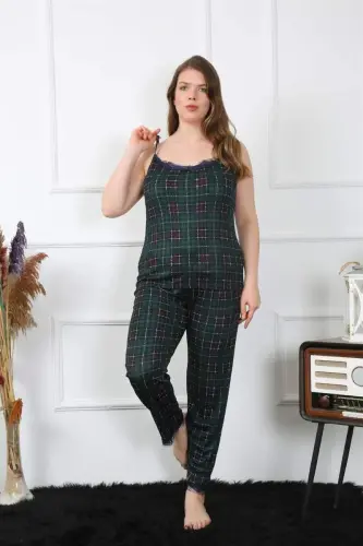 Akbeniz Kadın Büyük Beden Yeşil Ekoseli İp Askılı Pijama Takım 202197 - 5