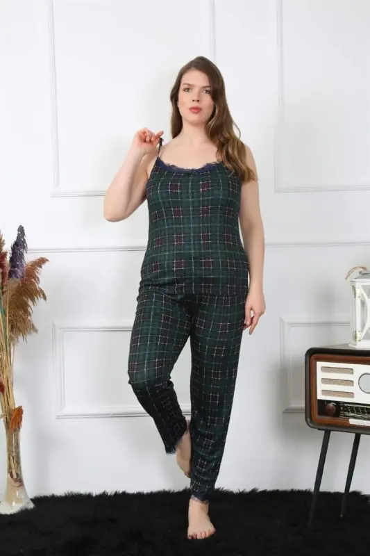 Akbeniz Kadın Büyük Beden Yeşil Ekoseli İp Askılı Pijama Takım 202197 - 5