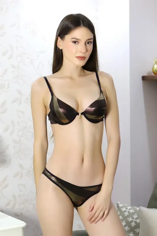 Akbeniz Kadın Destekli Desenli Sütyen Takım Altın 3008 - 6