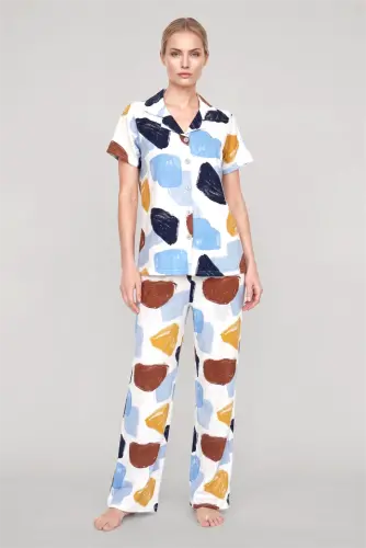 Akbeniz Women's Ecru Patterned Classic Shirt Collar Pajama Set - 1