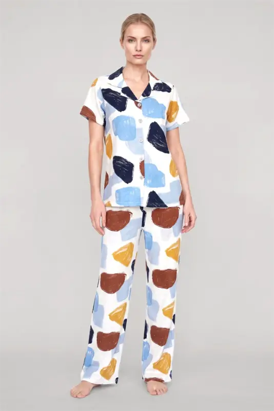 Akbeniz Women's Ecru Patterned Classic Shirt Collar Pajama Set - 1