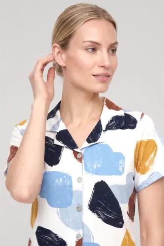 Akbeniz Women's Ecru Patterned Classic Shirt Collar Pajama Set - Akbeniz (1)